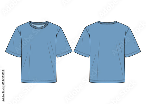Unisex Basic T-Shirt Technical Fashion Flat, Relaxed Fit Front and Back Sketch, Apparel Design CAD Mockup Template