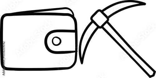 Digital currency wallet and pickaxe icon symbolizing cryptocurrency mining and financial security