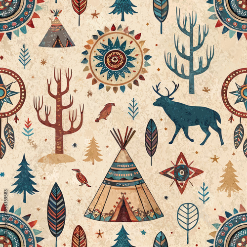 Seamless Vector Indigenous Heritage Pattern – Traditional Symbols & Motifs on Warm Textured Backdrop with Cultural Significance + Copy Space