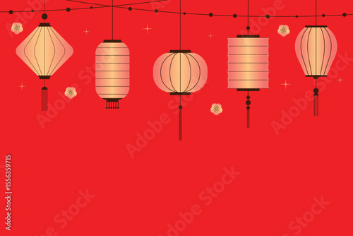 Background with chinese lanterns. Chinese lanterns on red background. Chinese New Year, Mid-Autumn Festival, Music Festival. Vector template of banner, postcard.