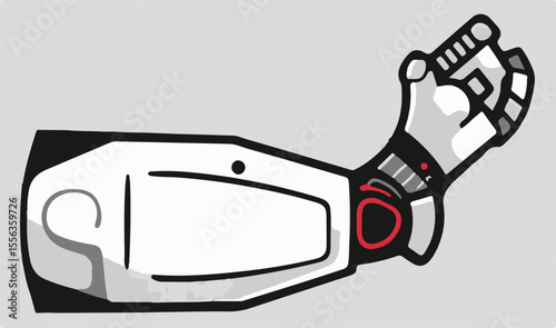 A futuristic white robotic arm with a clenched fist, featuring red and black accents, on a light grey background.