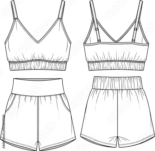 Women's crop top and shorts technical flat sketch, front and back view, activewear fashion set, adjustable straps, high waistband, vector template, clothing design