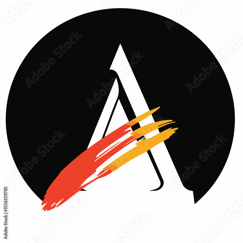 A white stylized letter "A" with red and yellow brushstrokes, set inside a black circle, indicating artistic expression or a brand initial.