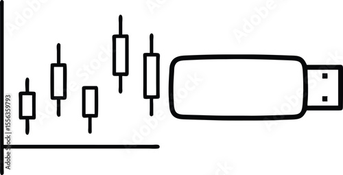 Simple black and white illustration of a usb flash drive next to a stock market candlestick chart
