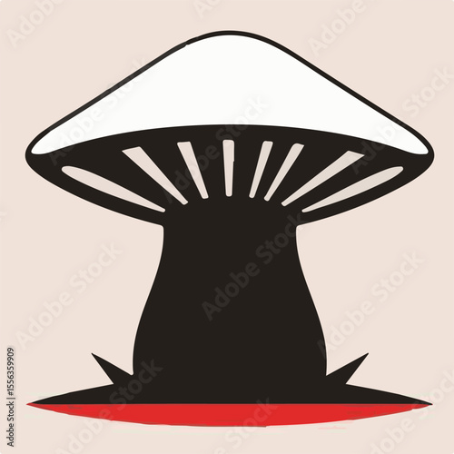 A minimalist graphic of a white-capped mushroom with a black stem and gills, standing on a red line against a light background.
