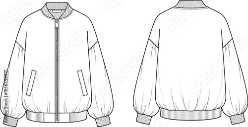Front and back technical flat sketch of oversized bomber jacket with ribbed cuffs, zipper front, drop shoulders, pocket details, cad drawing flat vector illustration