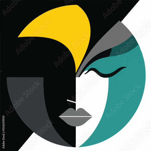 A cubist-inspired abstract face in black, white, teal, yellow, and grey, featuring bold geometric shapes and contrasting tones.