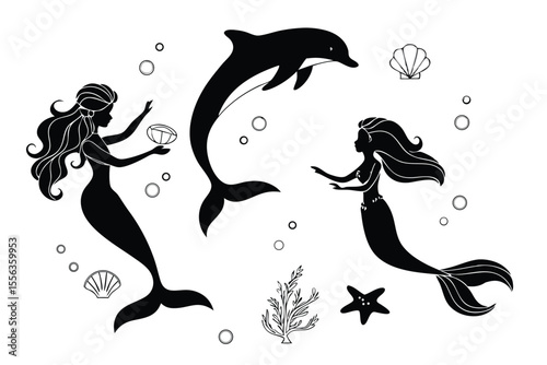 Vector illustrations of mermaids, girls, and dolphins swimming in the ocean, featuring animal silhouettes and marine nature art