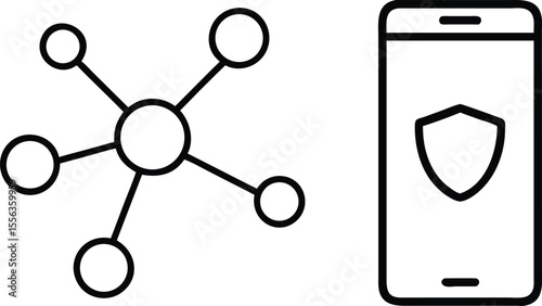 Abstract network connection icon alongside a smartphone with a security shield symbol