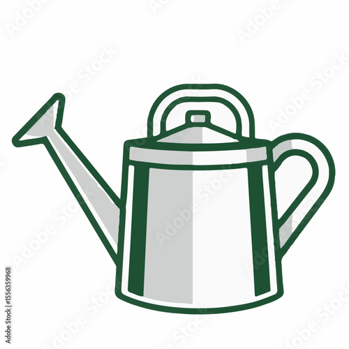 A stylized grey watering can with dark green outlines and accents, featuring a top handle and a long spout, on a white background.