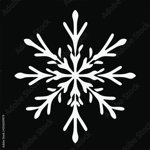 A detailed, white snowflake with intricate crystalline branches, centered on a dark background, evoking winter and cold.