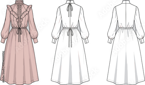 Ruffle collar belted dress front and back, cad drawing flat vector illustration, long sleeve buttoned design, fashion garment sketch template
