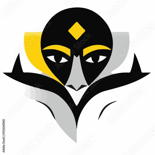 A striking abstract mask or face in black, grey, white, and yellow, with a diamond on the forehead, suggesting a stylized deity or enigmatic figure.