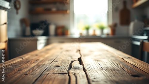 Rustic wooden table bathed in soft morning light with a shallow depth of field and blurred kitchen elements.