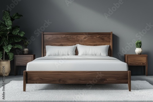 Modern solid walnut wood bed with headboard and footboard in mid-century style, gray walls, wooden bedside tables, white carpet, and indoor plant