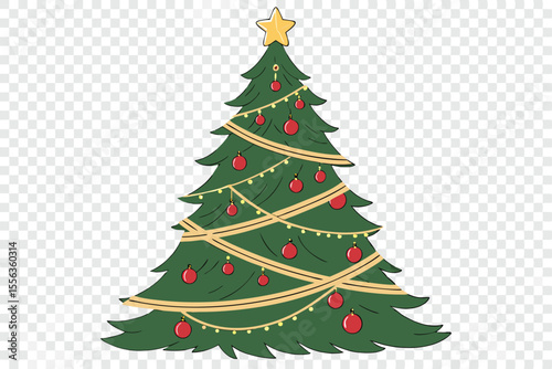 Merry Christmas and Happy New Year! Festive vector illustration of a green pine Christmas tree with colorful balls, a shining star, and gift decorations, perfect for holiday celebrations on a white ba