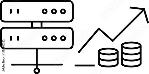 Server rack icon with coins and upward trending arrow representing financial growth