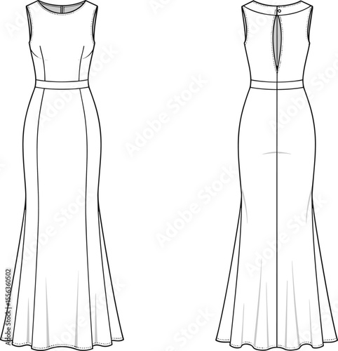 Elegant sleeveless evening dress fashion sketch, long gown vector, technical garment drawing, formal dress illustration, fashion design flat, apparel cad drawing concept