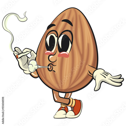 cute almond mascot cartoon vector illustration smoke calmly, isolated nut character for healthy food branding, packaging, and snack advertisement, work of hand drawn