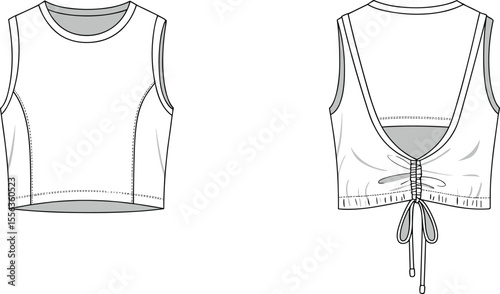 Sleeveless crop top front and back, cad drawing flat vector illustration, gathered drawstring back detail, casual garment fashion design sketch