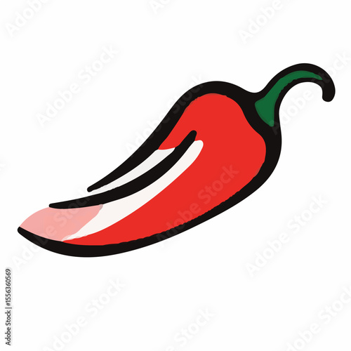 A vibrantly illustrated red chili pepper with a green stem, featuring a slight pink highlight, on a white background.
