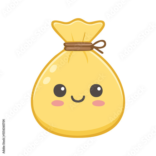 A cute money bag character with a smiling expression