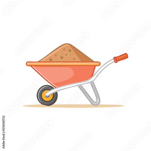 A vibrant illustration showcasing a wheelbarrow filled with sand, ready for construction. The design is clean and graphic, suggesting utility and building