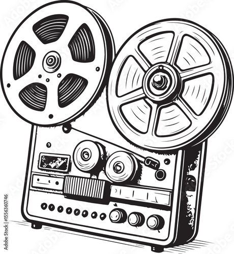 Reel tape recorder Vector Illustration, Sketch Drawing Line Linear Symbol Icon Engraving Coloring Book, Hand-drawn Black and White Isolated