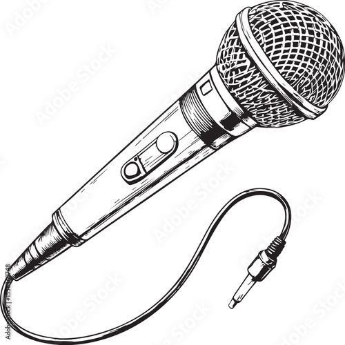 Microphone with audio plug connector Vector Illustration, Sketch Drawing Line Linear Symbol Icon Engraving Coloring Book, Hand-drawn Black and White Isolated