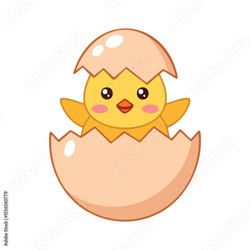 A cute newborn chick hatching from eggshell. The yellow chick is inside eggshell with open its wing 