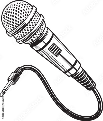 Microphone with audio plug connector Vector Illustration, Sketch Drawing Line Linear Symbol Icon Engraving Coloring Book, Hand-drawn Black and White Isolated