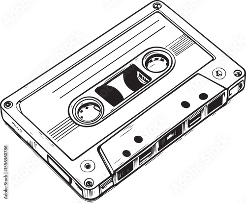 cassette tape Vector Illustration, Sketch Drawing Line Linear Symbol Icon Engraving Coloring Book, Hand-drawn Black and White Isolated