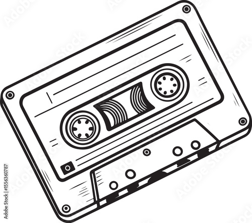 cassette tape Vector Illustration, Sketch Drawing Line Linear Symbol Icon Engraving Coloring Book, Hand-drawn Black and White Isolated