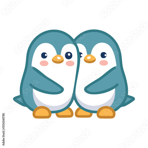 Two adorable cartoon penguins standing closely together, creating a heartwarming scene. Their charming expressions and simple design evoke feelings of warmth and friendship