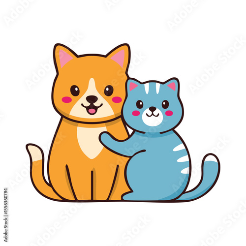 Two adorable cartoon pets. The pets have cute expressions, and friendly. one is blue cat with striped and orange dog is sitting.