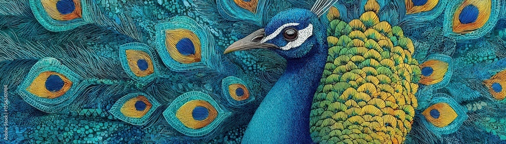 Obraz premium A majestic peacock, vibrant feathers spread wide, seen from a birds-eye view in stunning watercolor