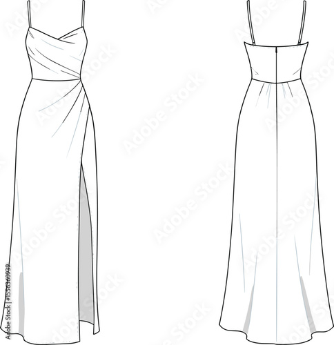 Sleeveless evening gown front and back, cad drawing flat vector illustration, draped bodice, high side slit, elegant formalwear sketch