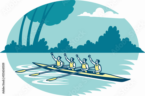 Rowing team celebrating victory in scull on lake, ideal for teamwork, sports, or success-themed promotions.
