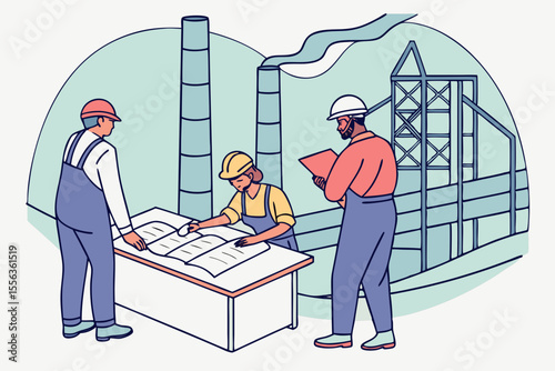 Workers reviewing documents in steel factory, ideal for industry, planning, or teamwork advertising.