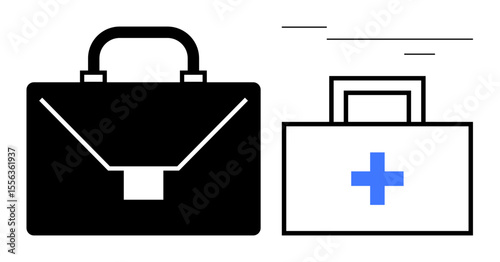 Black briefcase and medical kit with a blue cross conveying work and health. Ideal for business, healthcare, priorities, balance, emergency, career planning, simple flat metaphor