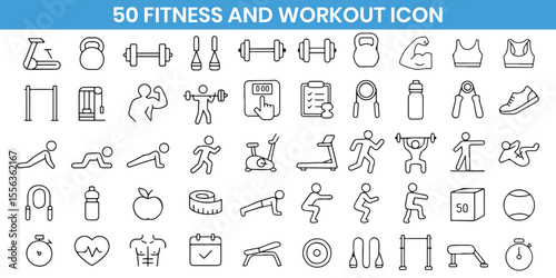 Fitness and workout icon set. Gym, training, exercise, bodybuilding, weight loss, healthy lifestyle line vector collection