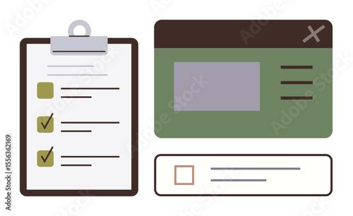 Clipboard with completed checklist, modal pop-up window, and text input field. Ideal for organization, productivity, project management, UXUI design, workflow, task tracking simple flat metaphor