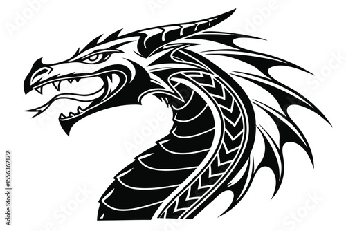 A striking tribal dragon head tattoo design is depicted as a black silhouette vector illustration, symbolizing fantasy and power