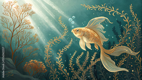 Golden Fish shimmering among coral and gold vines in a magical underwater scene against a deep turquoise backdrop with copy space