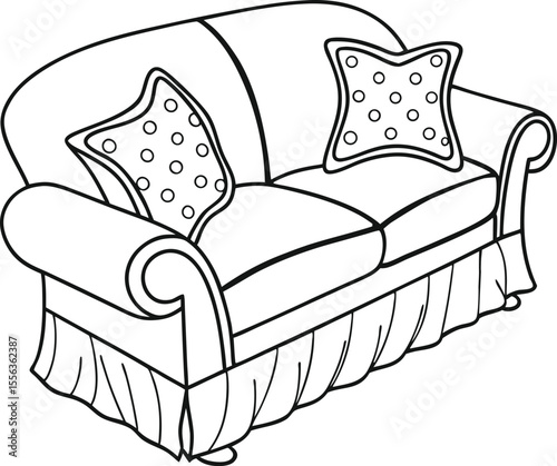 Classic Sofa with Cushions Line Art – Furniture Illustration.