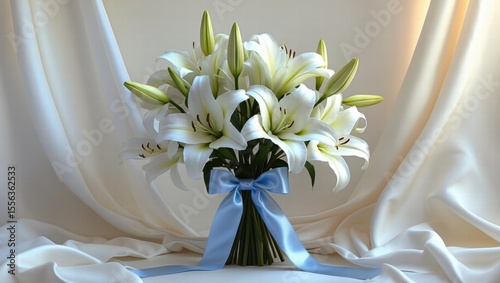 White lily bouquet with blue ribbon on soft draped background  