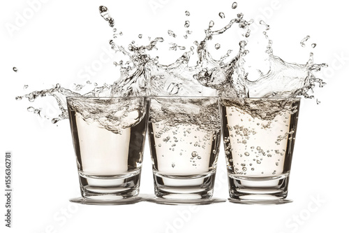 Three shot glasses with dynamic water splashes isolated on transparent background
