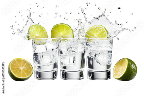 Three refreshing vodka sodas with lime slices and ice cubes isolated on transparent background