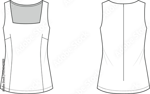 Square neckline princess seam top front and back, cad drawing flat vector illustration, curved hem design, contrast panel fitted sketch