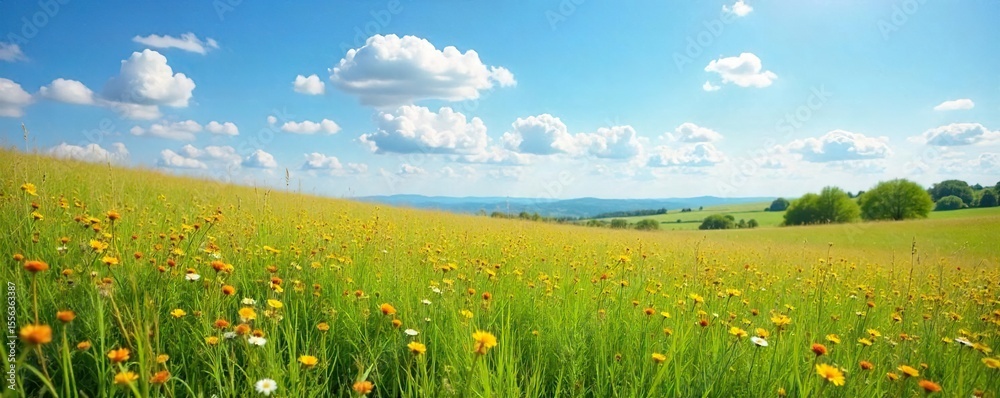 Fototapeta premium Sun-Drenched Ranch Meadows Stretching to the Horizon Wildflowers Bloom Under a Brilliant Blue Sky